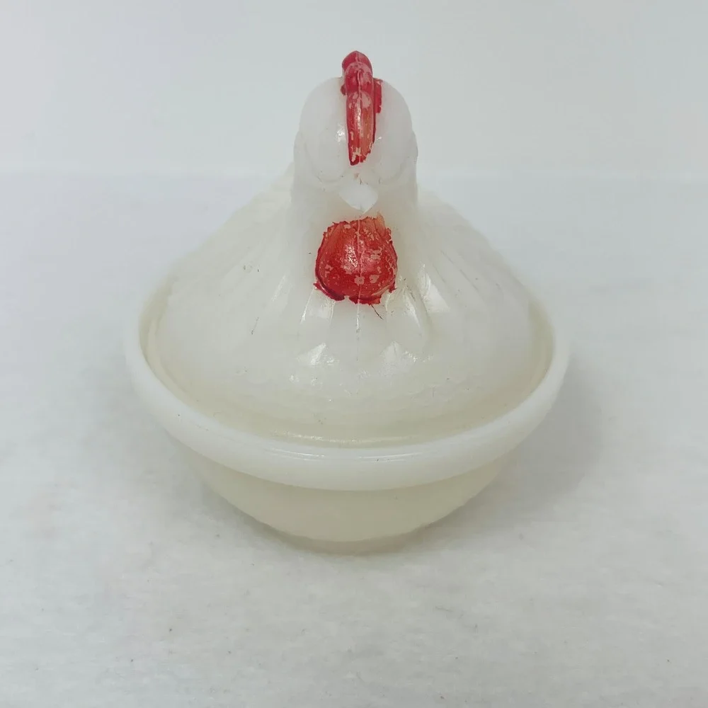 Vintage Milk Glass Hen on Nest Trinket Dish White Red Farmhouse Decor Good